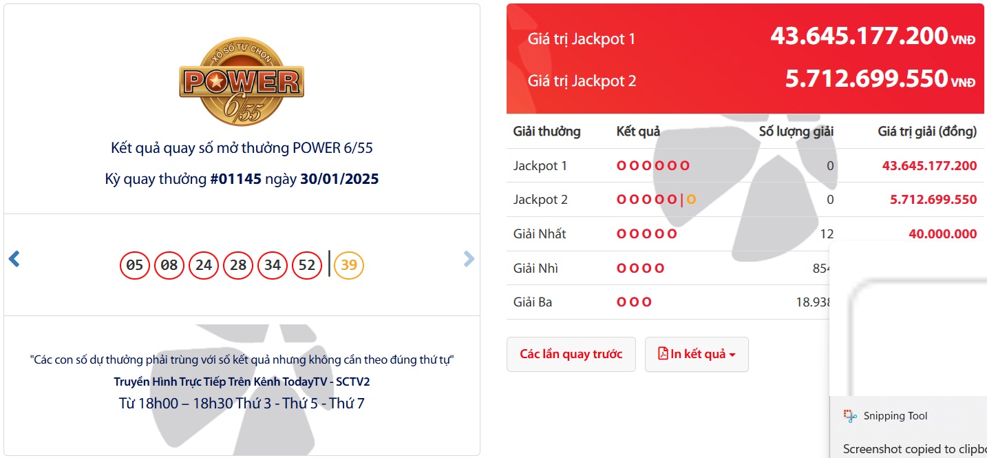 Kết quả quay số mở thưởng Power 6/55 ngày 30/1/2025