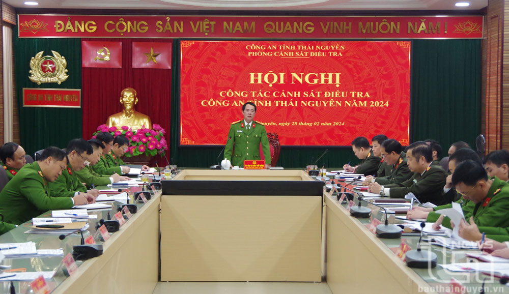 Đại tá Đào Thế Hưng, Phó Giám đốc Công an tỉnh, phát biểu chỉ đạo tại Hội nghị.