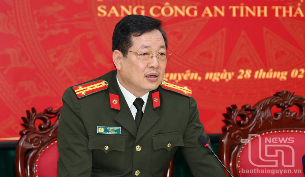 Đại tá Bùi Đức Hải, Giám đốc Công an tỉnh phát biểu tại Hội nghị.