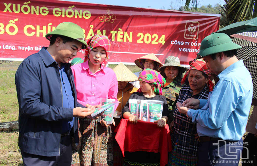 Lãnh đạo huyện Đồng Hỷ động viên người dân xóm Bản Tèn nỗ lực, phát huy hiệu quả mô hình trồng sâm.