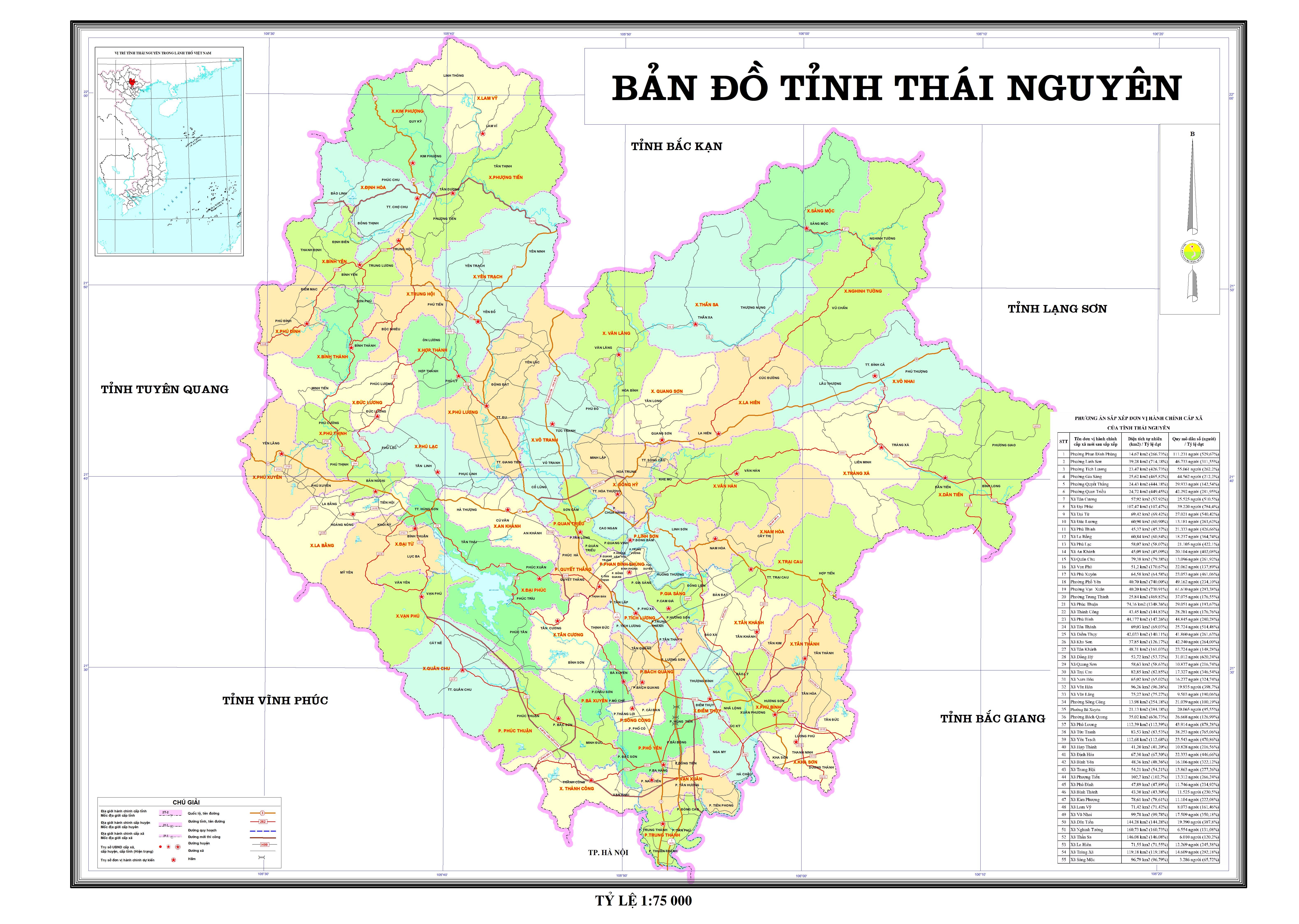 Bản đồ hành chính tỉnh Thái Nguyên sau sắp xếp đơn vị hành chính cấp xã (dự kiến).