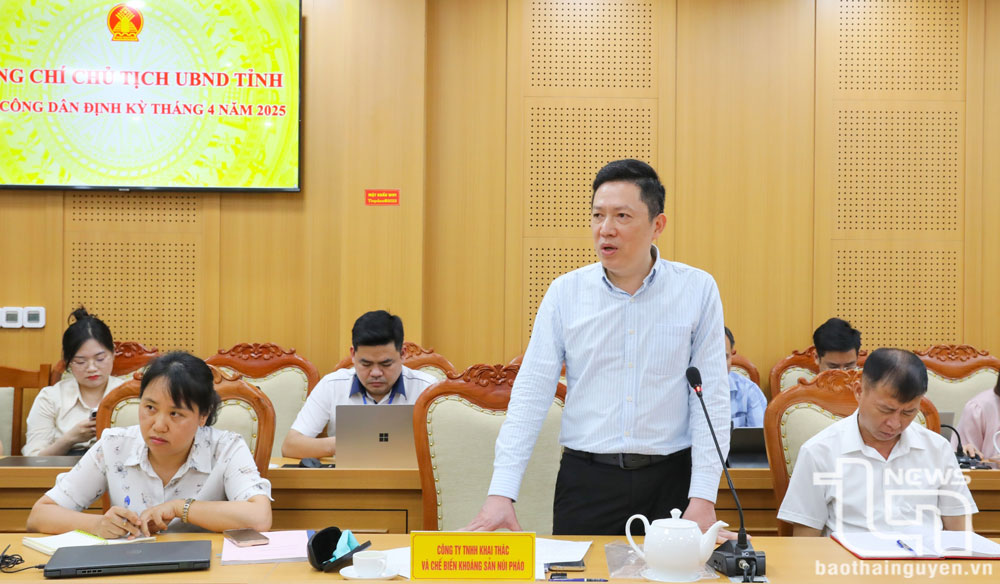 Đại diện Công ty TNHH Khai thác và Chế biến khoáng sản Núi Pháo nêu ý kiến tại buổi tiếp.