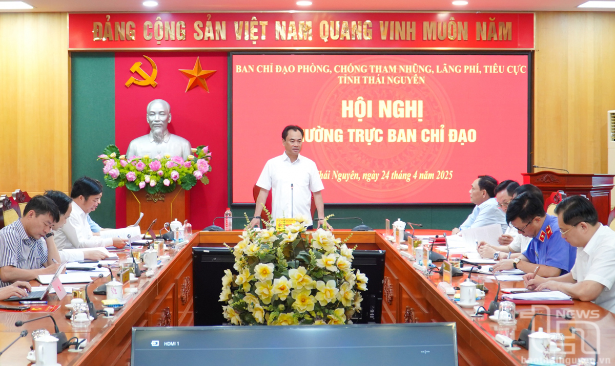 Đồng chí Trịnh Việt Hùng, Bí thư Tỉnh ủy, Trưởng Ban Chỉ đạo phòng, chống tham nhũng, lãng phí, tiêu cực tỉnh, phát biểu tại Hội nghị.
