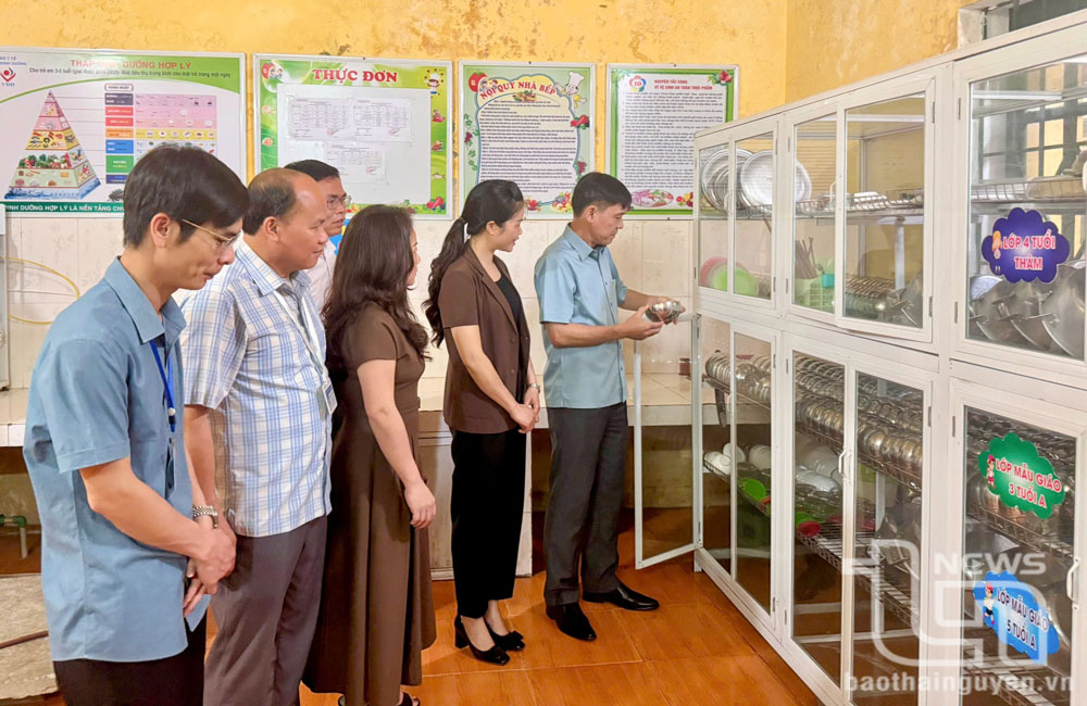 Đoàn Kiểm tra liên ngành của tỉnh kiểm tra cơ sở vật chất của bếp ăn bán trú tại Trường Mầm non Liên Minh (Võ Nhai).