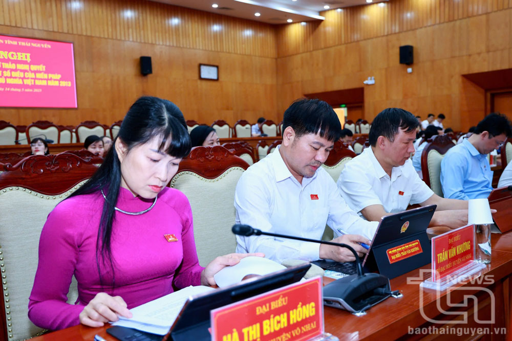 Các đại biểu tham dự Hội nghị lấy ý kiến về dự thảo Nghị quyết sửa đổi, bổ sung một số điều của Hiến pháp năm 2013, được HĐND tỉnh tổ chức ngày 14/5/2025. Ảnh: V.D
