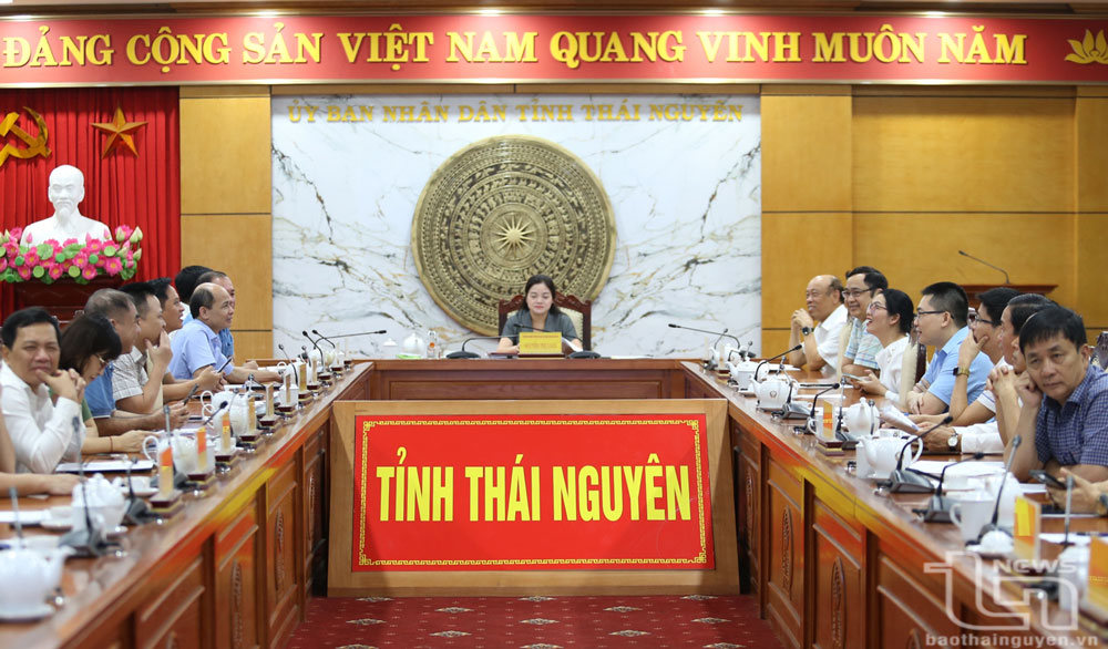 Đồng chí Phó Chủ tịch UBND tỉnh Nguyễn Thị Loan và các đại biểu tham dự tại điểm cầu Thái Nguyên.