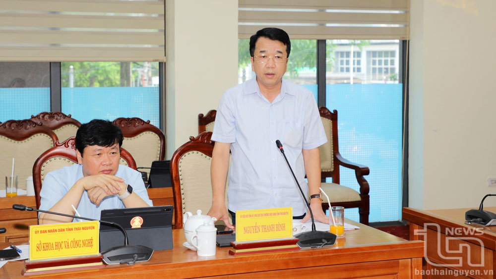 Đồng chí Nguyễn Thanh Bình, Ủy viên Ban Thường vụ Tỉnh ủy, Phó Chủ tịch UBND tỉnh, phát biểu tại cuộc họp.