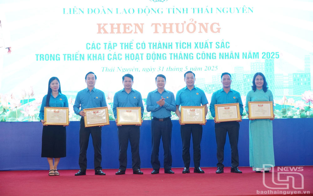 Lãnh đạo Liên đoàn Lao động tỉnh trao Bằng khen cho đại diện các tập thể có thành tích nổi bật trong công tác tổ chức, triển khai Tháng Công nhân năm 2025. 