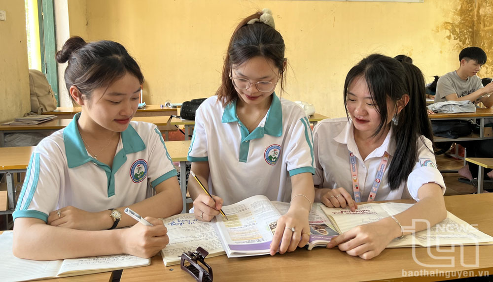 Các em học sinh lớp 12, Trường THPT Trần Phú (Võ Nhai) cùng nhau trao đổi, ôn tập kiến thức, chuẩn bị cho Kỳ thi tốt nghiệp THPT 2025.