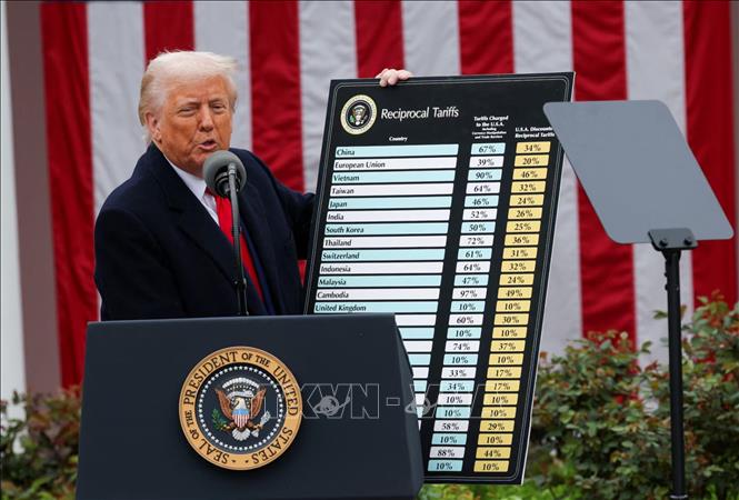 Tổng thống Mỹ Donald Trump công bố các mức thuế đối ứng mới tại Nhà Trắng, ngày 2/4/2025. Ảnh: Reuters/TTXVN