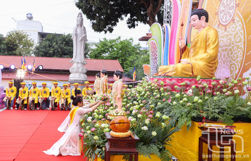 Thiếu nữ trong trang phục áo dài trắng thực hiện nghi thức dâng hoa lên Đức Phật.