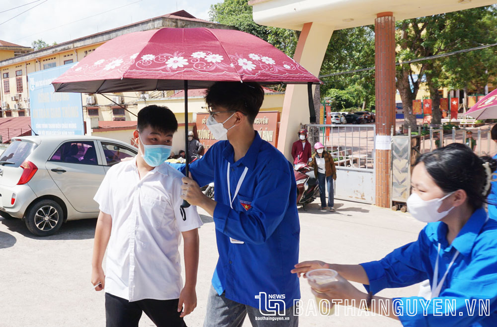Thanh niên tình nguyện hỗ trợ nước uống cho các thí sinh và phụ huynh.
