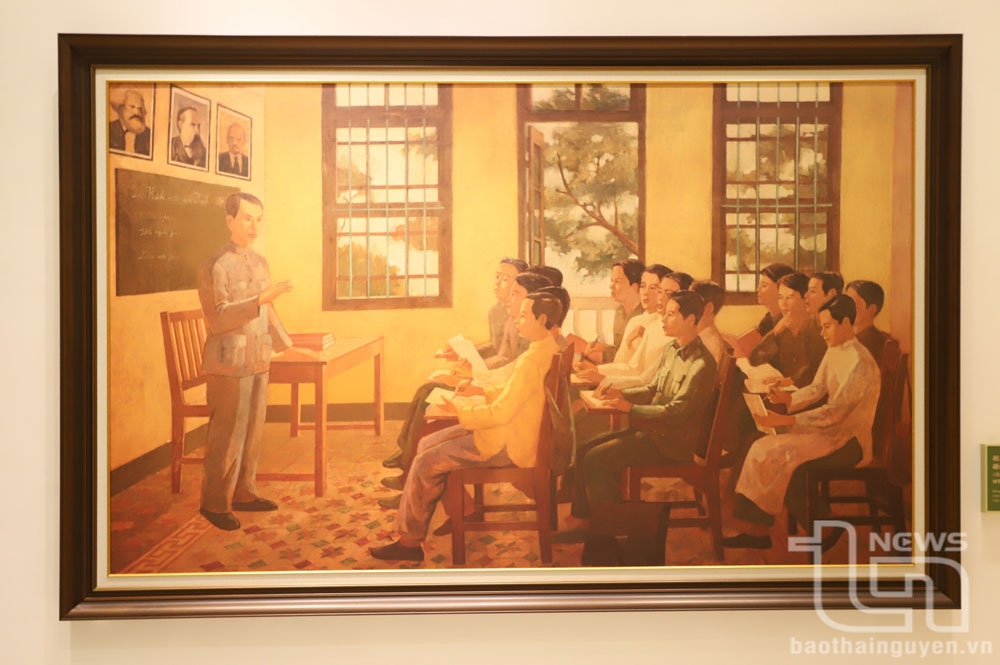 Bức tranh tái hiện hình ảnh đồng chí Nguyễn Ái Quốc giảng bài cho học viên các lớp huấn luyện chính trị thanh niên Việt Nam.