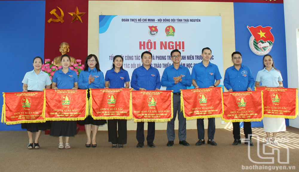 Đại diện Hội đồng Đội tỉnh trao Cờ thi đua cho các hội đồng đội huyện, thành phố.