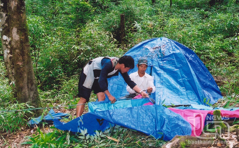 Đoàn chuẩn bị lều ngủ đêm trong rừng.