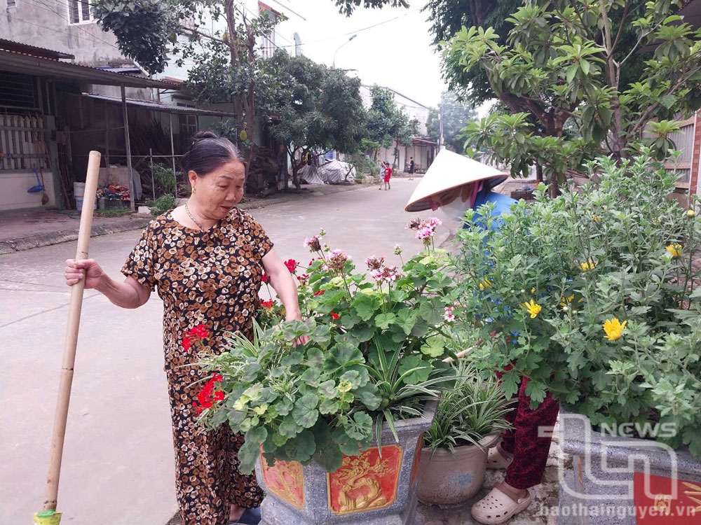 Người dân tổ dân phố Tâm Quang chăm sóc hoa trang trí bên đường, tạo cảnh quan môi trường xanh - sạch - đẹp.