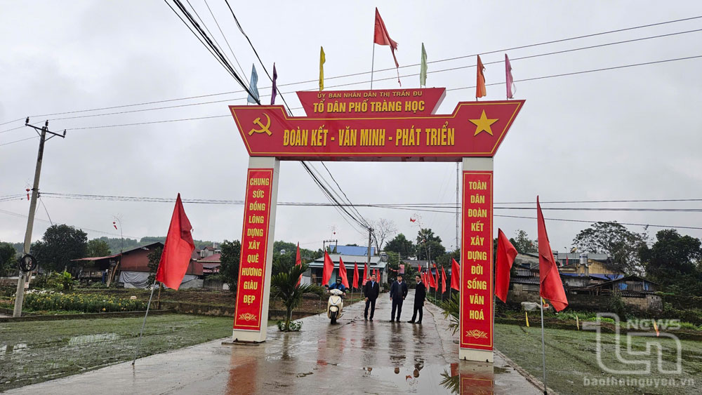 Nhân dân thị trấn Đu (Phú Lương) quan tâm trang trí các tuyến đường, xây dựng đô thị văn minh.