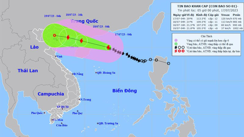Bão số 1 sẽ vào vùng ven biển tỉnh Quảng Ninh - Hải Phòng ngày 18-7
