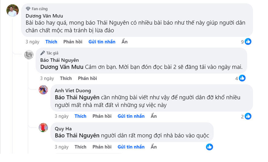 Phản hồi của độc giả đến Báo Thái Nguyên.