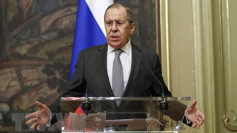 Ngoại trưởng Nga Sergey Lavrov phát biểu tại cuộc họp báo ở Moskva. (Ảnh: AFP/TTXVN)