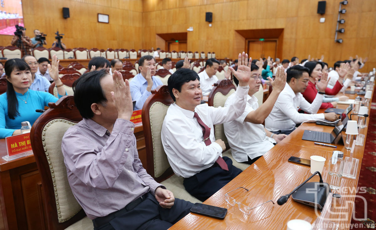 Các đại biểu HĐND tỉnh biểu quyết thông qua Nghị quyết điều chỉnh, bổ sung danh mục các dự án thu hồi đất, các dự án có chuyển mục đích sử dụng đất trồng lúa, đất rừng sản xuất.