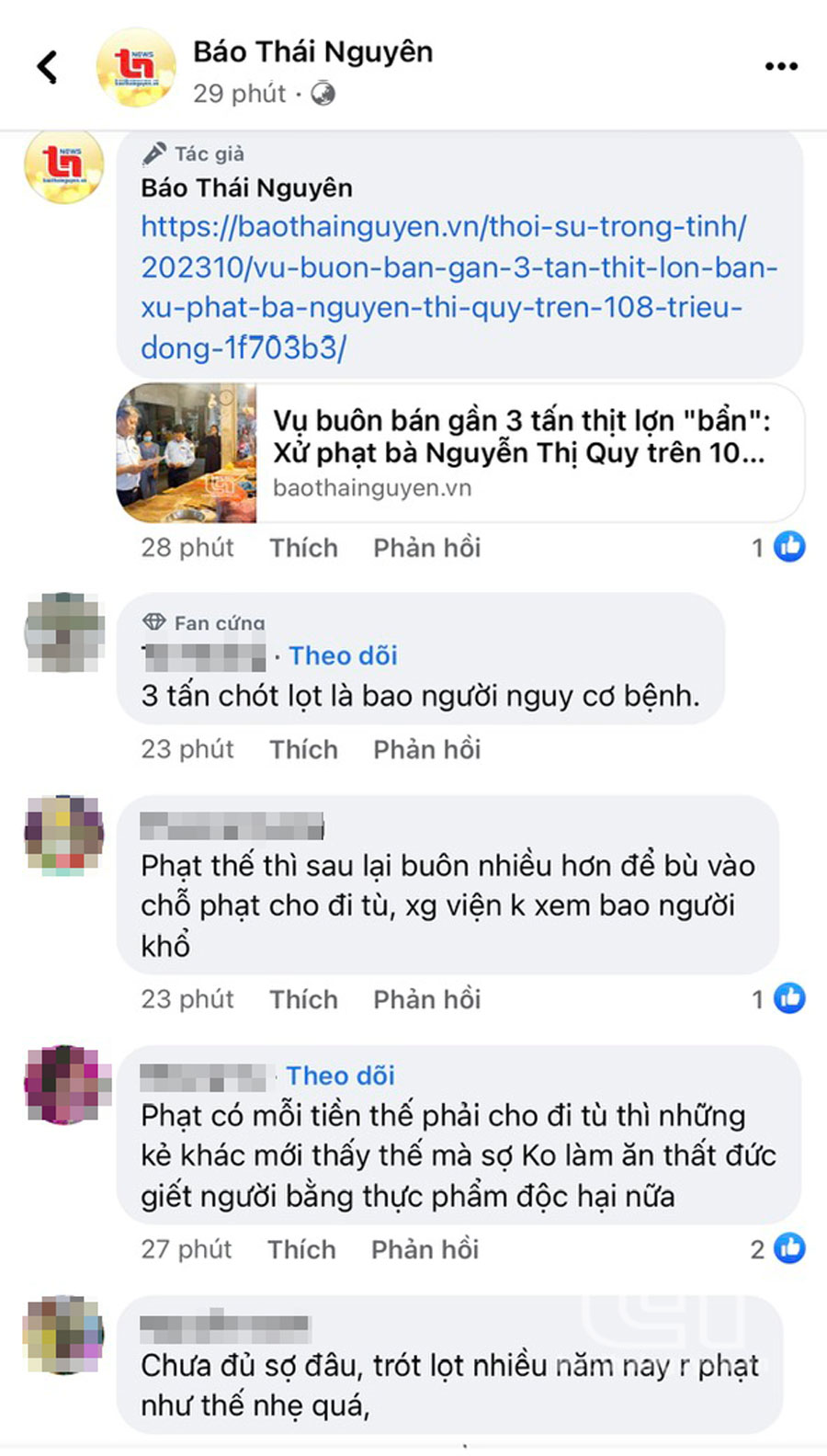 Một số bạn đọc bày tỏ quan điểm trên Fanpage Báo Thái Nguyên sau khi biết mức phạt vi phạm hành chính đối với bà Nguyễn Thị Quy.