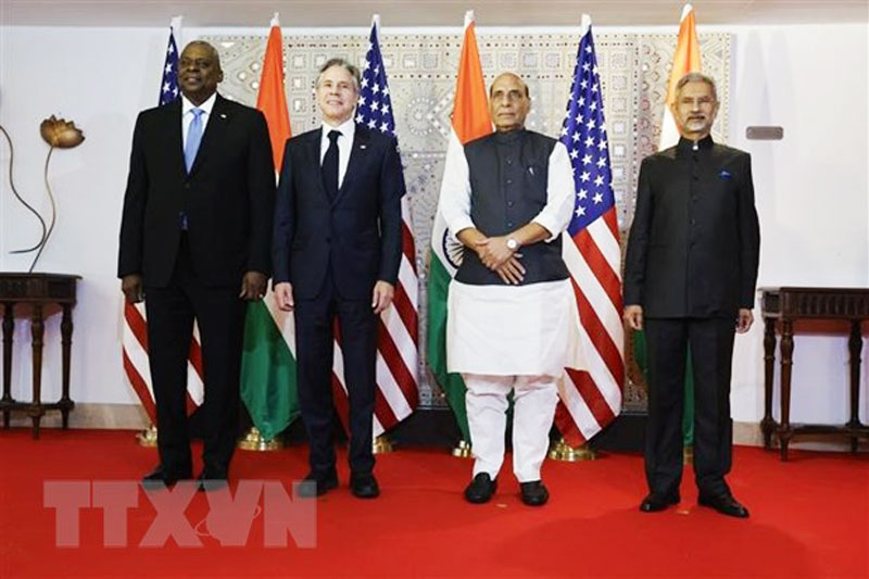 Bộ trưởng Quốc phòng Mỹ Lloyd Austin, Ngoại trưởng Antony Blinken và Bộ trưởng Quốc phòng Ấn Độ Rajnath Singh cùng Ngoại trưởng Subrahmanyam Jaishankar trong cuộc đối thoại 2+2 ở New Delhi ngày 10/11/2023. 