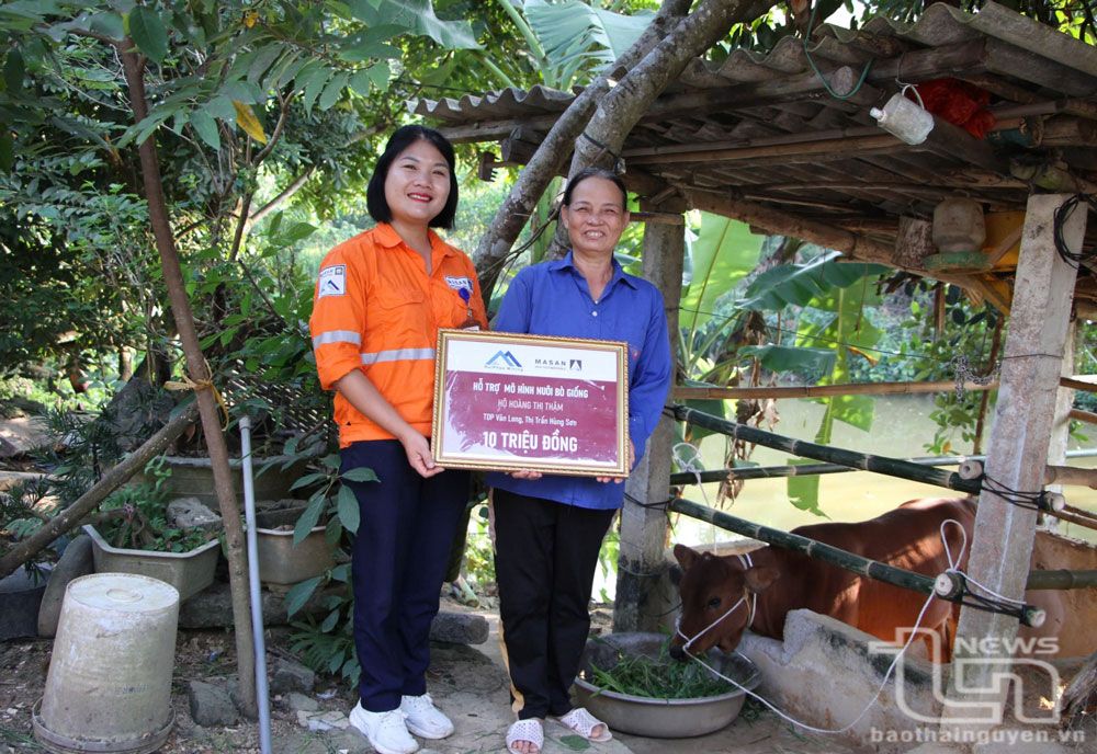 Đại diện Công ty Núi Pháo trao tiền hỗ trợ cho bà Hoàng Thị Thậm.