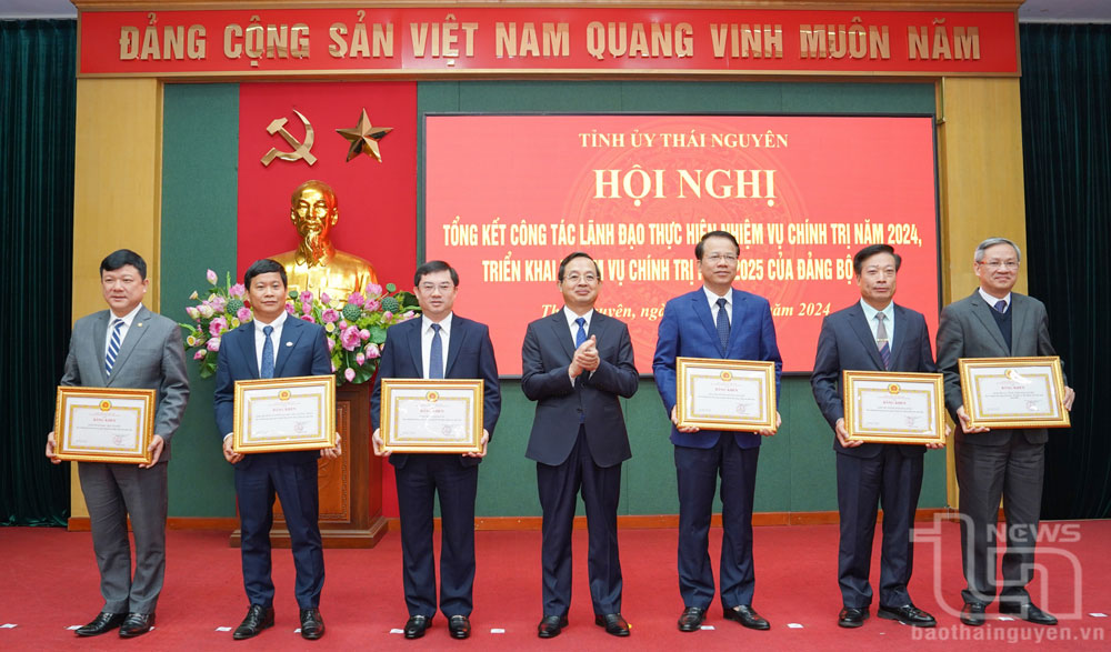 Đồng chí Phó Bí thư Thường trực Tỉnh ủy, Chủ tịch HĐND tỉnh Phạm Hoàng Sơn trao Bằng khen cho đại diện các đảng bộ có thành tích trong công tác phát triển Đảng năm 2024.